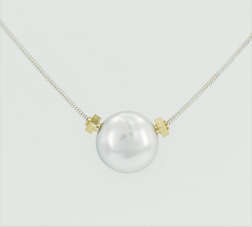 Solitaire Coin Pearl Necklace with MLD 14K Yellow Gold Beads on Sterling Silver Snake Chain