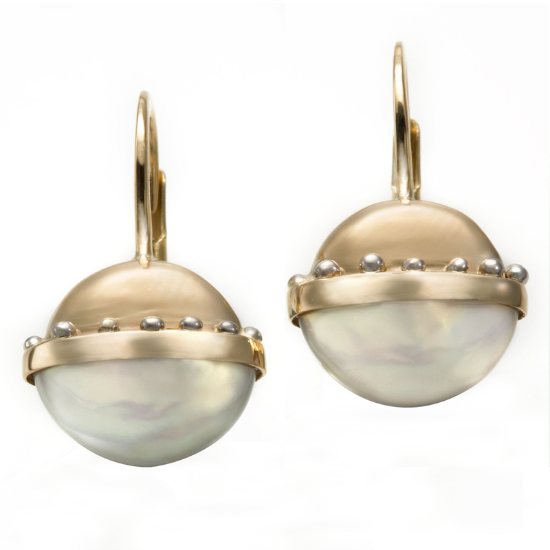 Caribbean Dreams 14K Gold Dome Capped Half Coin Pearl Lever Back Earrings with Platinum Accent Beads 