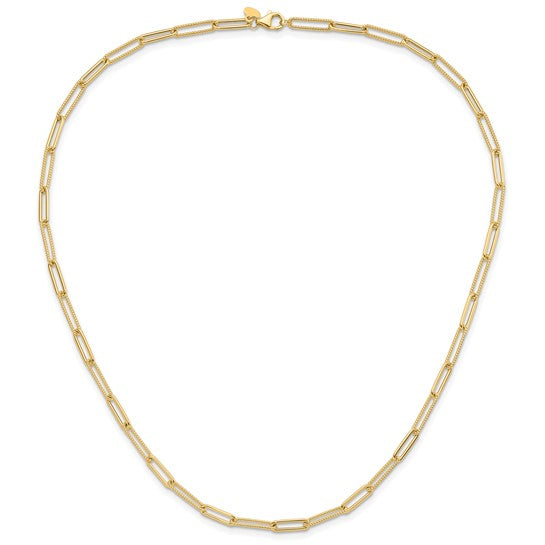 14K paperclip link featuring aternating rope textured links. Links are 3.55mm in width 18" length 14K yellow Gold