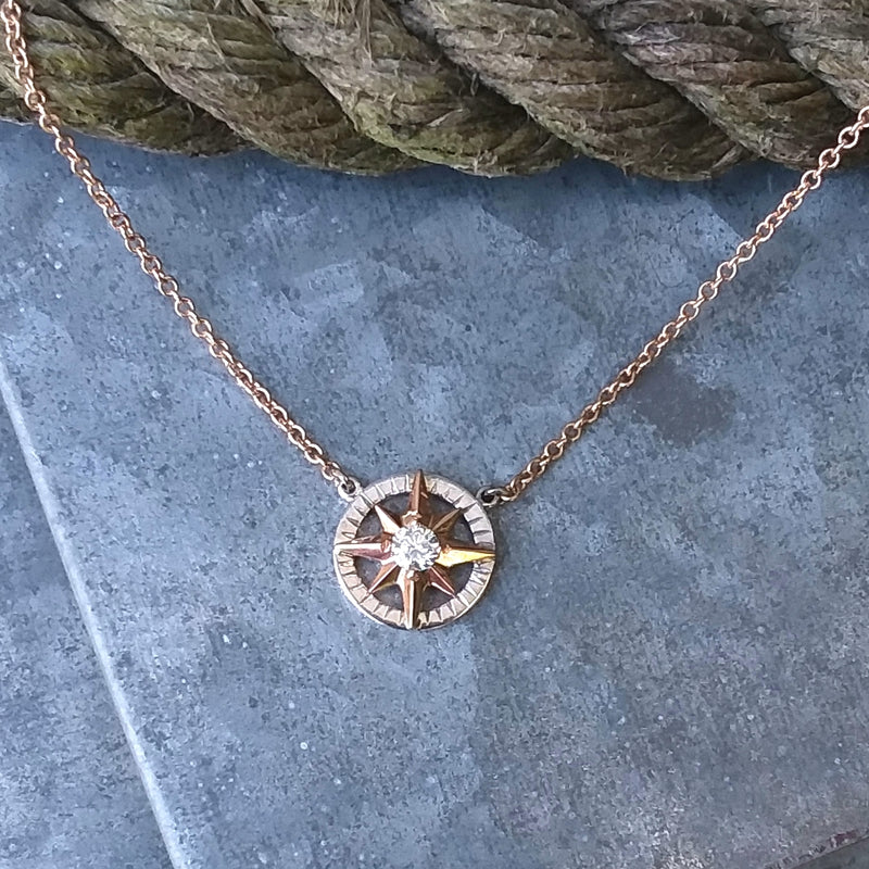 Compass Rose Medium On Frame Necklace in Rose and White Gold