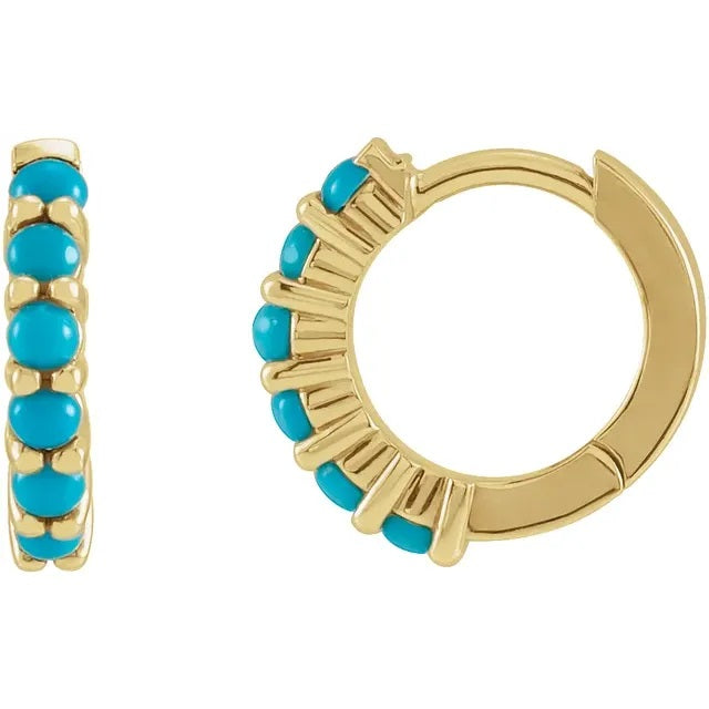 14K Gold Cabochon-Set Turquoise Hinged-Hoop Earrings
