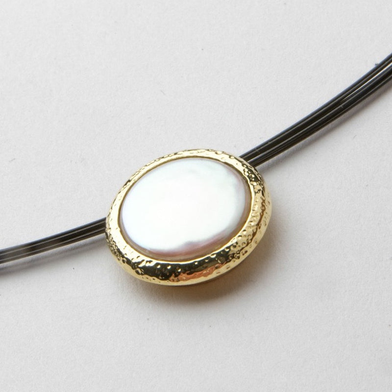 Caribbean Dreams Womens Coin Pearl 18K Yellow Gold Bezel Slide on Black Stainless Steel Cable