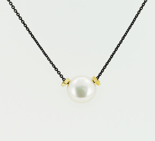 Solitaire Coin Pearl Necklace with MLD Faceted 14K Gold Beads on Black