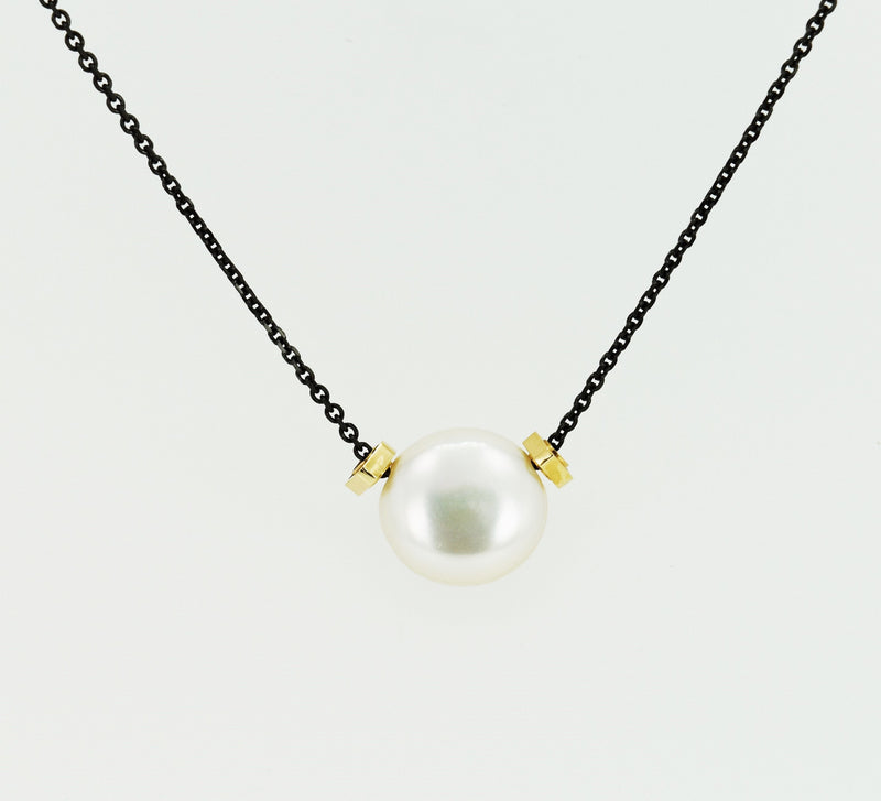 Solitaire Coin Pearl Necklace with MLD Faceted 14K Gold Beads on Black