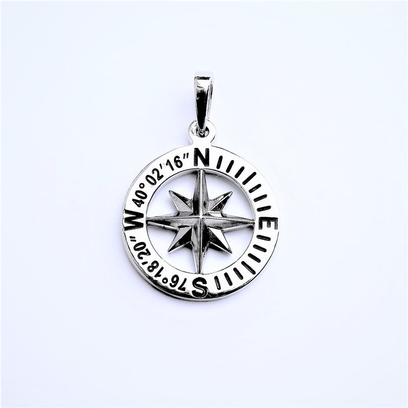 Compass Rose Custom Coordinates 3/4" Sterling Silver Pendant