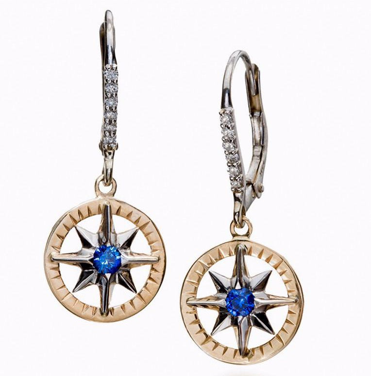 Compass Rose Classic Women's Medium on Frame 14K Two Tone Gold Sapphire and Diamond Lever-Back Dangle Earrings