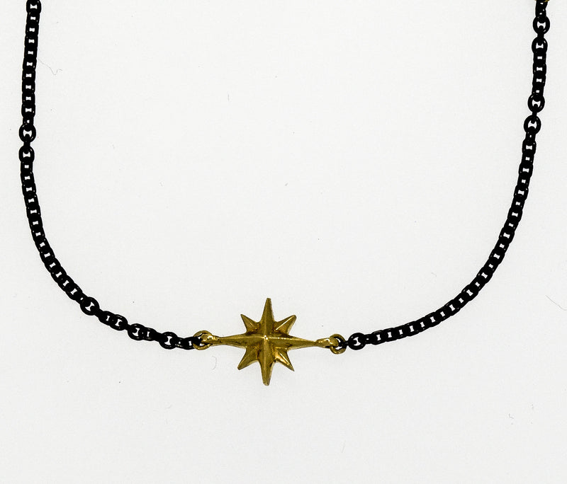 Compass Rose 14K Gold Endless Stars Solitaire on Black Cable Link Chain
