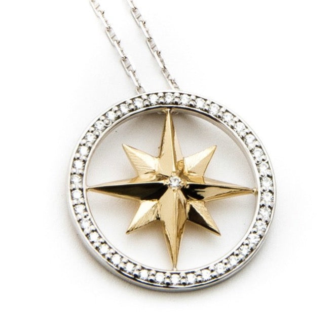 Compass Rose Women's Grande 14K Two-Tone Gold Diamond Circle Pendant With a 14K White Gold Chain
