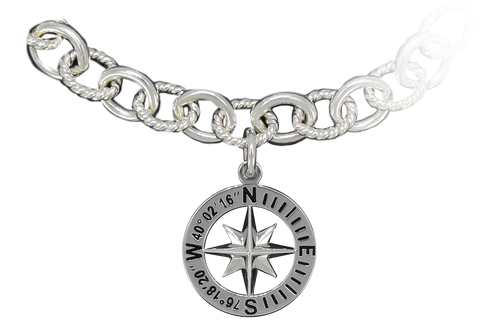 Compass Rose Custom Coordinates Sterling Silver Link Bracelet with Charm