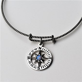 Compass Rose Custom Coordinates Sterling Silver Adjustable Rope Bangle Bracelet with Charm