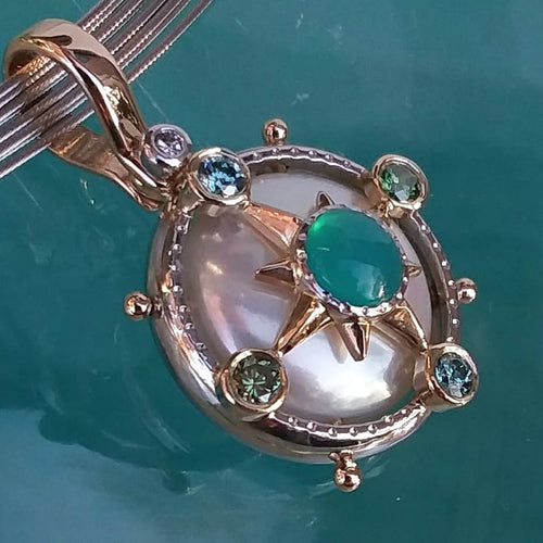 Caribbean Compass Pearl, Chrysocolla, and Sea Green Diamond Pendant