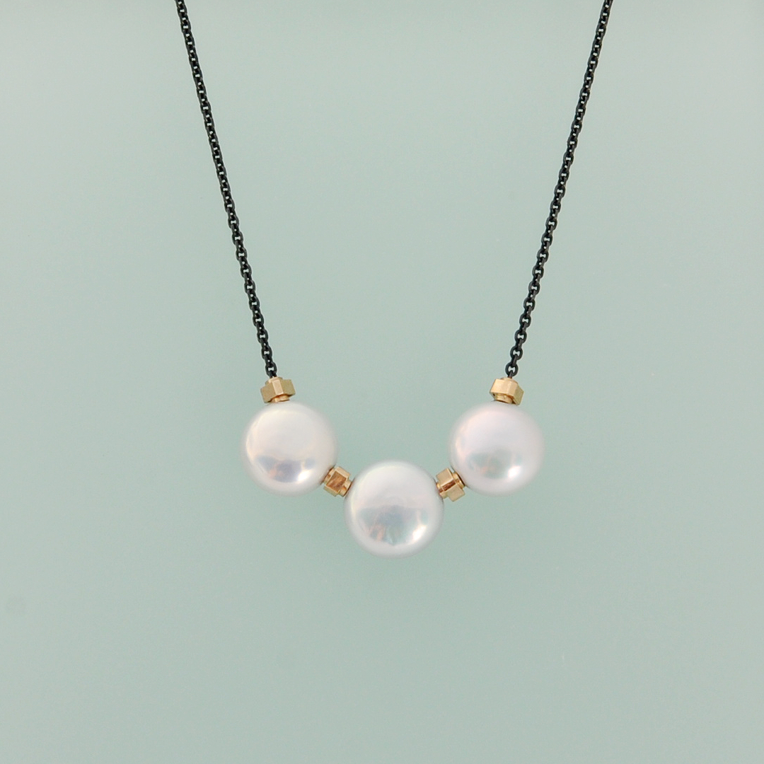 Triple Coin Pearl Necklace with MLD 14K Yellow Gold Beads on