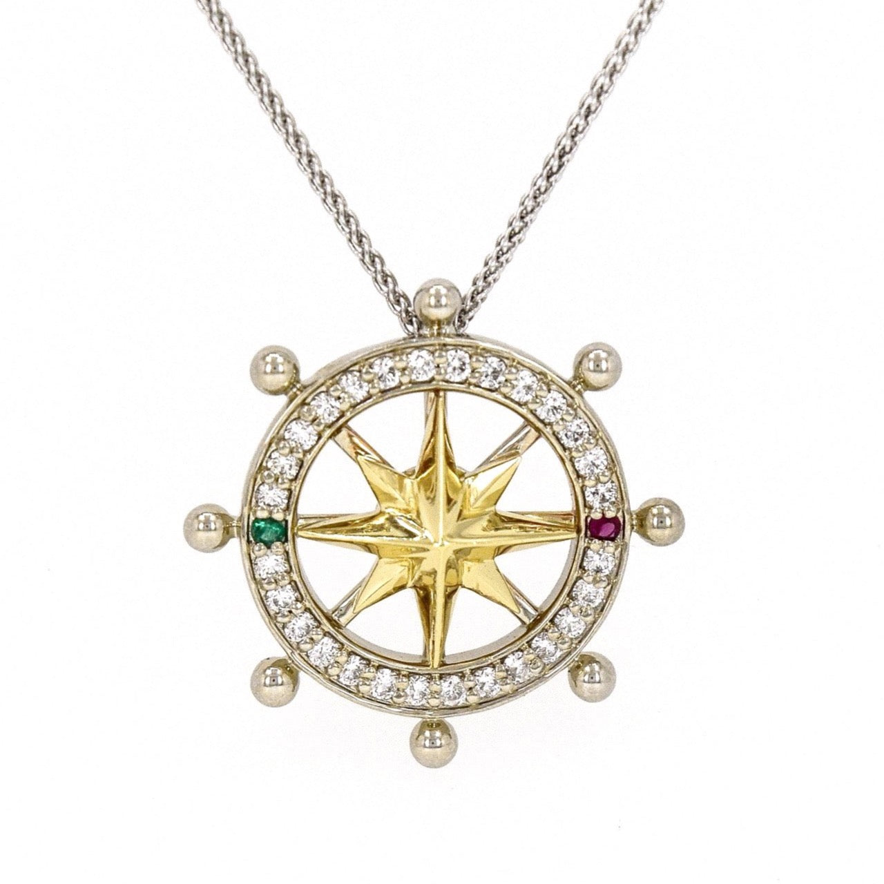 Compass Rose 14K Gold and Diamond Ship's Wheel Necklace