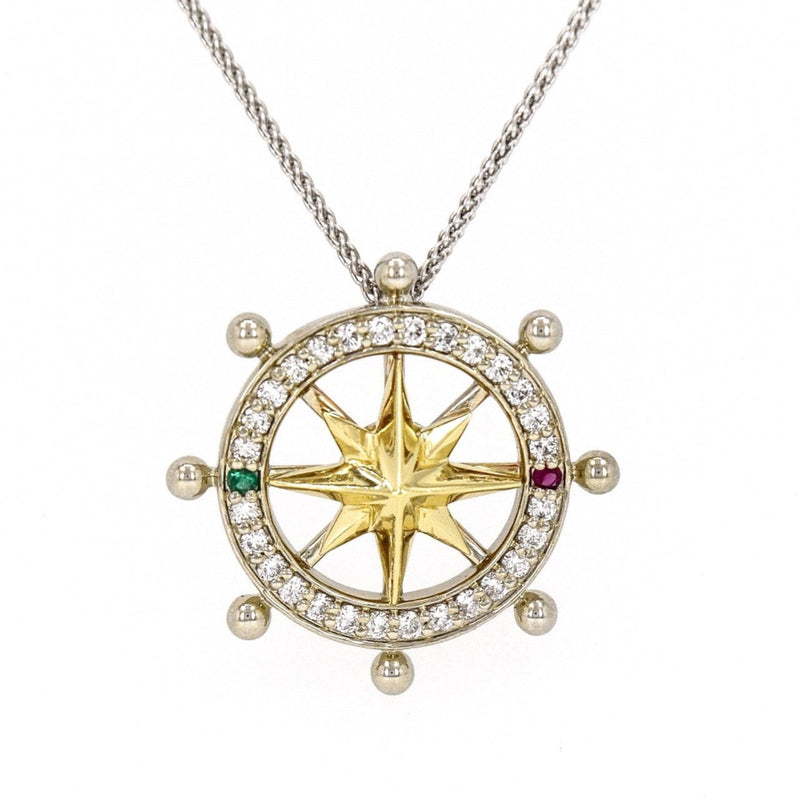Compass Rose 14K Gold and Diamond Ship's Wheel Necklace
