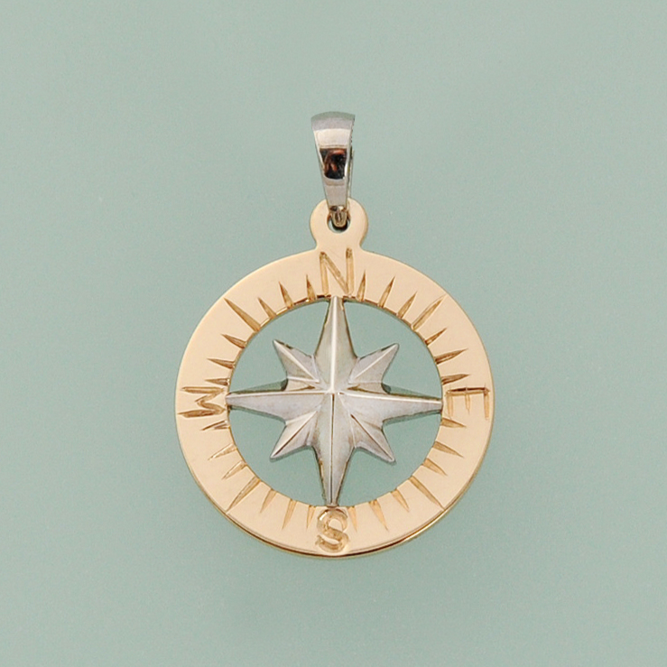 Compass Rose Classic 3/4" 14K Two-Tone Gold Hand-Engraved Pendant