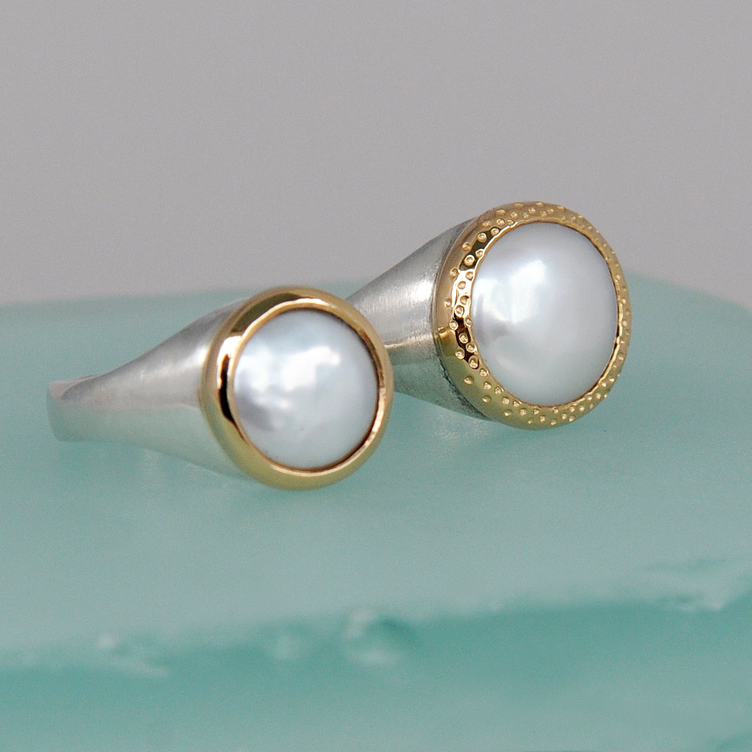 18K and Sterling Silver Lustrous Coin Pearl Ring – Maggie