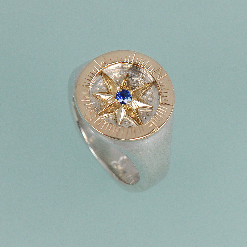 Compass Rose Classic Sterling Silver and 14K Yellow Gold Ring