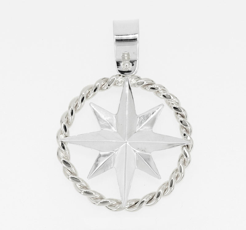 Compass Rose XL Sterling Silver Rope Rim Pendant with Shackle Bail