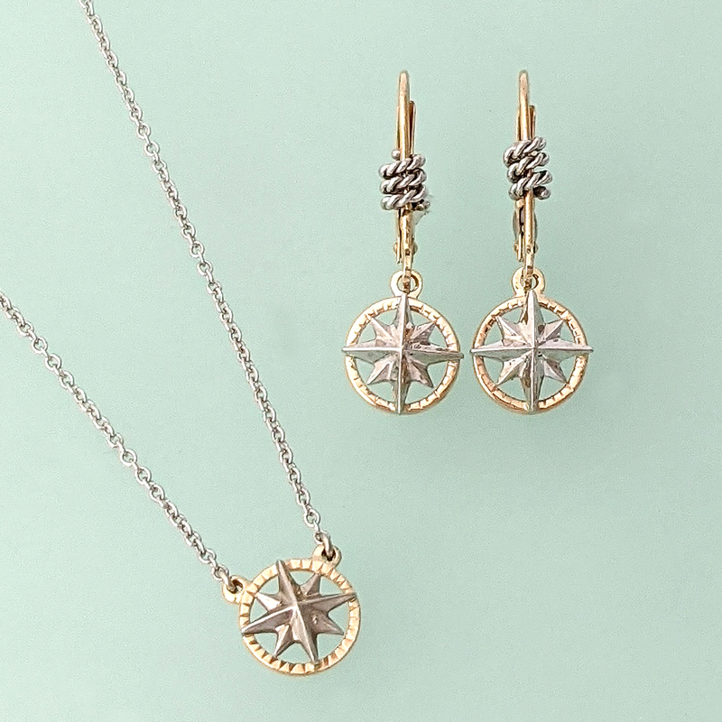 Compass Rose Classic Petite 14K Two-Tone Gold Lever Back Dangle Earrings