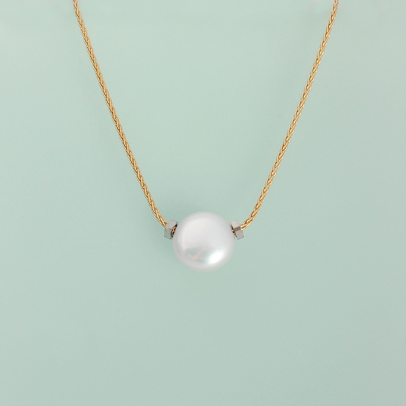 Solitaire Coin Pearl Necklace with MLD 14K White Beads on 14K Yellow Chain