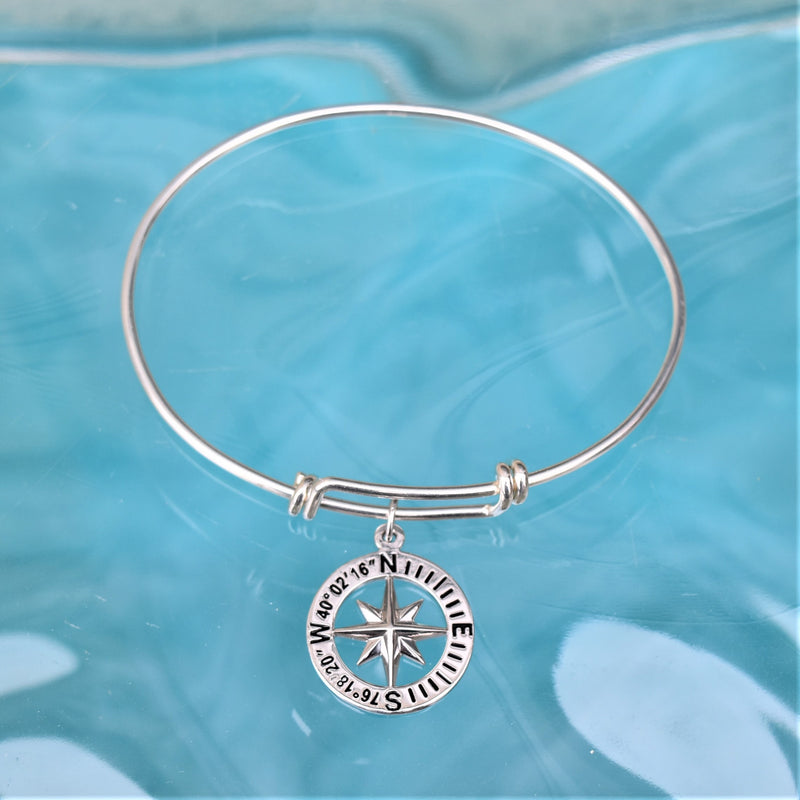 Compass Rose Custom Coordinates Sterling Silver Bangle Bracelet with Charm