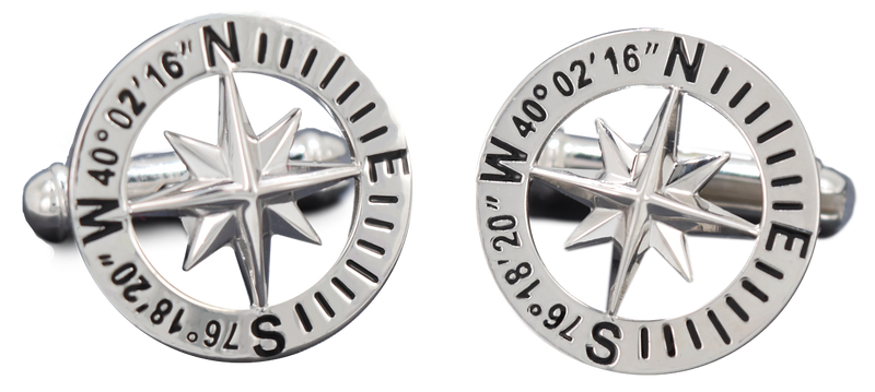 Compass Rose Custom Coordinates Sterling Silver Cufflinks
